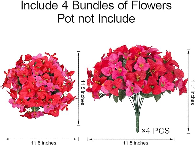 INSPRING Faux Bougainvillea Artificial Flowers for Outdoors, 4 Bundles Fake Bougainvillea Realistic Silk Flowers for Outside UV Resistant Outdoor Plants for Porch Patio Window Box Garden Home Decor