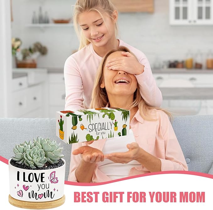 Tarklanda 3Pcs Gifts for Mom Best Mom Ever Succulent Pots Mini Ceramic Plant Pots with Bamboo Tray Pot Planters Birthday Thanksgiving for Mother-in-Law Wife Plants Not Included