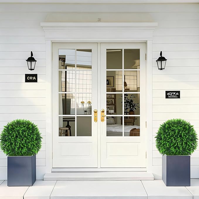 Artificial Eucalyptus Topiary Ball Trees, 2 Set of 16'' UV Resistant Fake Evergreen Shrubs Bushes Plants with Ground Spike, Fake Plants for Outdoor Indoor Front Porch Garden