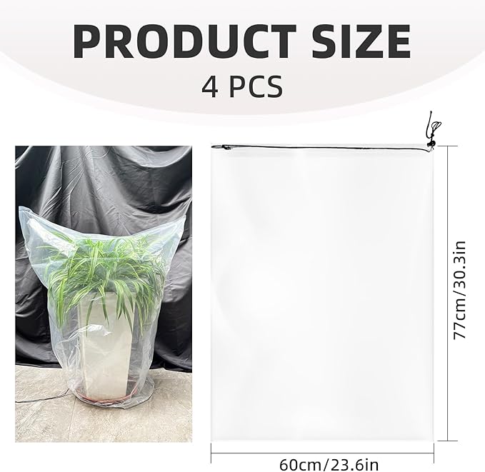 4 Pcs Winter Plant Film Cover with Drawstring-23.6’’x 31.5’’ Clear Plastic Plant Cover Bags Transparent Waterproof Plant Shelter Bag Greenhouse Cover Bag for Outdoor Garden Plants Shrubs Sapling Crops