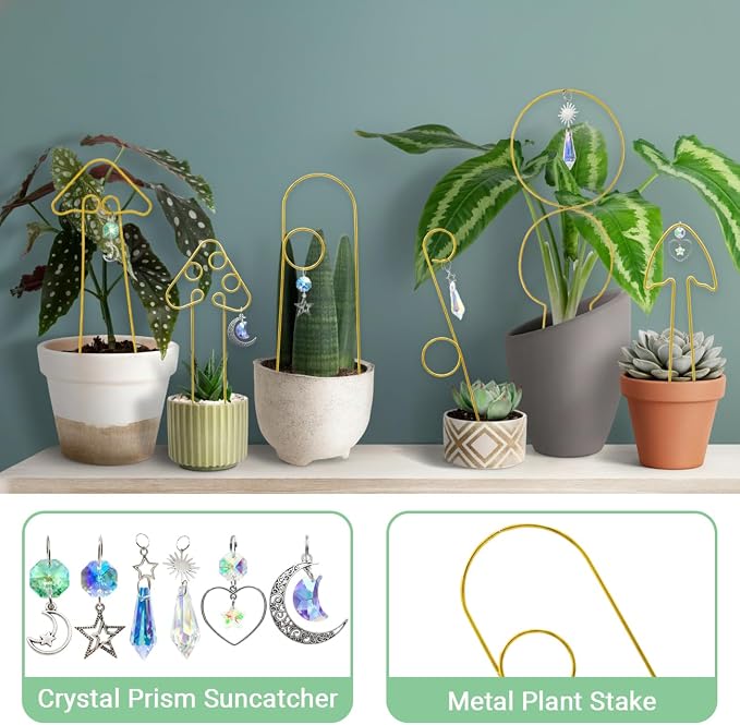 6Pack Small Trellis for Potted Plants Indoor with Crystal Sun Catcher, Golden Metal Plant Stake for Home Window Garden, Plant Accessories Indoor Decoration (Gold)