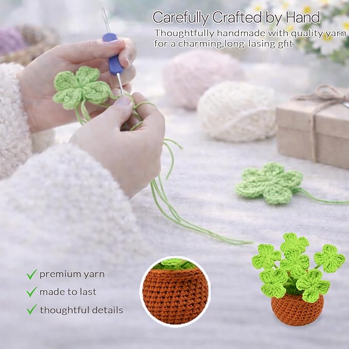 Handmade Positive Crochet Flowers, Four-leaf Clover Gifts - Good Luck, New Job, New Business, Encouragement Gifts for Coworker, Boss, Friends - Emotional Support Crochet Plants for Desk Decor