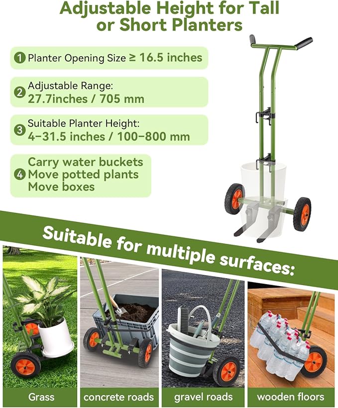 Plant Caddy with Wheels, Heavy Duty Plant Dolly, 200LBS Garden Pot Mover for 5"-16" Planters, Adjustable Arm with Suction Cups & Strap, Upgraded Handle, Indoor Outdoor