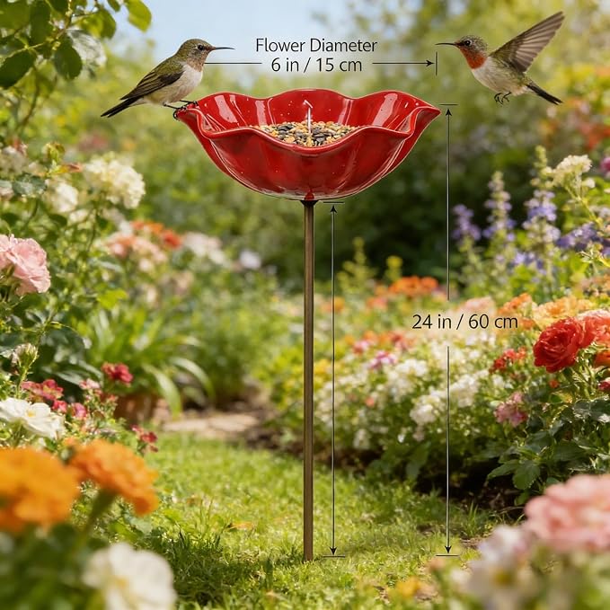 Handmade Metal Flower Garden Stakes, Metal Flower Garden Stakes Bird Bath, Flower GardenStakes BirdBath, Mini Bird Bath & Pollinator Water Station, for Yard, Patio, Lawn (2pcs Red+ Pink)