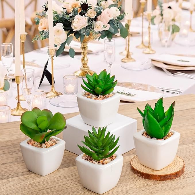 Briful Mini Fake Plants 4 Packs Assorted Artificial Succulents Plants Potted Faux Succulents Plants in Ceramic Planter Pot for Home Decor Indoor Bathroom Shelf Tabletop