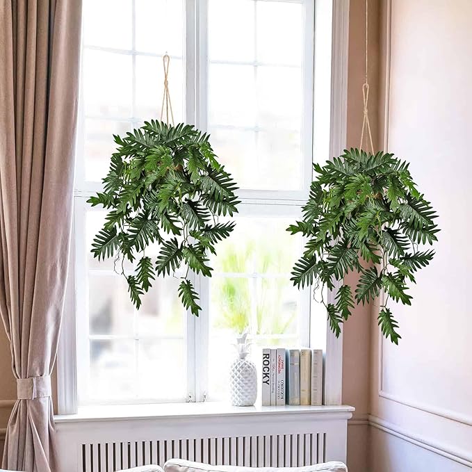 Large Fake Hanging Plants in Pot for Indoor & Outdoor, Long Artificial Monstera Hanging Basket, 27.6" Fake Potted Vines Ivy Greenery Plant for Room Wall Shelf Decor Living Room Bathroom Patio Porch