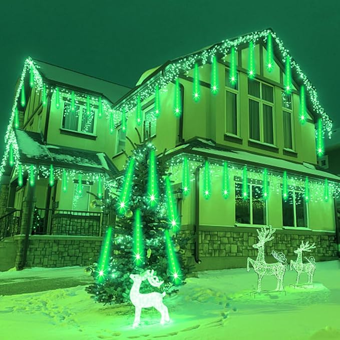 Weepong Halloween Lights Outdoor, Meteor Shower Christmas Lights for Halloween Decorations, 8 Tube 192 LED Snow Falling Rain Icicle String Light for Xmas Christmas Decor Tree Party, UL Plug Green