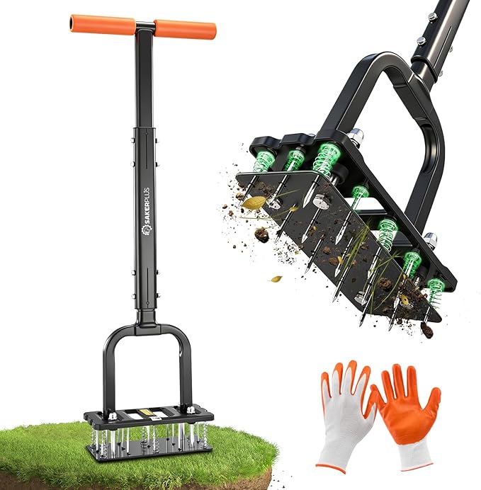 Sakerplus Aerator Lawn Tool, Spike Lawn Aerator with Auto-Return Self-Cleaning Tines, Anti-Fatigue Comfort Pad, Reinforced Anti-Breakage Joints, 15 Steel Tines for Garden Healthy Grass Aeration-Orange