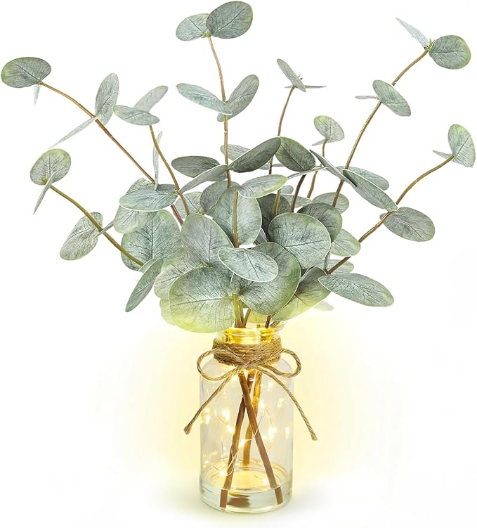 Bessol Artificial Eucalyptus Stems in Glass Vase with Faux Water, 13.5" Fake Plants for Home Decor, Coffee Table Centerpieces, Office, Bathroom & Farmhouse Weddings - Faux Greenery Plants Decorations