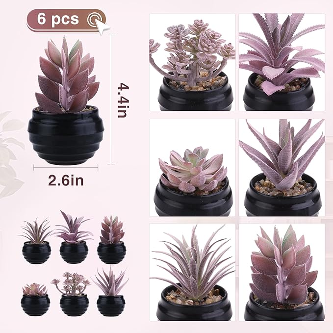 GREENTIME 6 Pcs Purple Artificial Succulents Valentine's Day in Black Plastic Pots Couple Gift Small Fake Succulent Plant Room Decor for Women Office Indoor Bedroom Bathroom Table Shelf Decoration