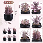 GREENTIME 6 Pcs Purple Artificial Succulents Valentine's Day in Black Plastic Pots Couple Gift Small Fake Succulent Plant Room Decor for Women Office Indoor Bedroom Bathroom Table Shelf Decoration