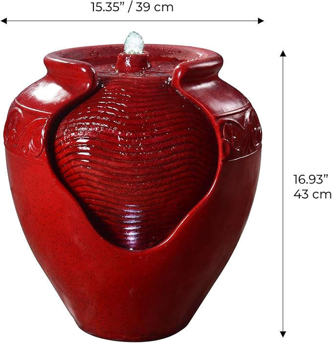 Teamson Home Outdoor Pot Fountain with LED Lights and Pump, Floor Water Fountain for Patio, Garden, Backyard, Decking Home Décor, 16.93 Inch Height, Red