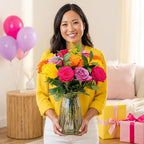 Benchmark Bouquets - One Dozen Long Stem Roses Bouquet Assorted Colors - Fresh Flowers for Delivery - Mothers Day Flowers - Mothers Day Gifts for Mom - Birthday Flowers for Women (Glass Vase Included)