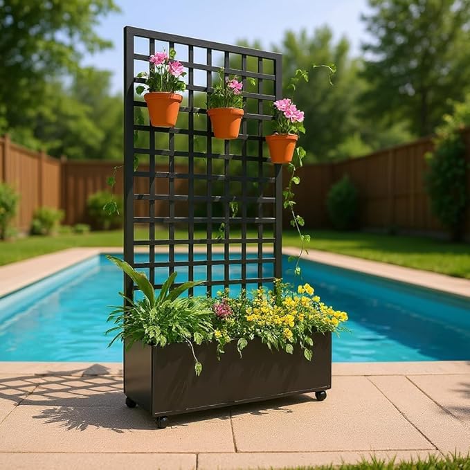 Metal Planter Box with Square Lattice Trellis, 72" X 35" Galvanized Raised Garden Bed on Locking Wheels, Deep Planter with Drainage for Climbing Plants, Flowers, Patio & Balcony, Black