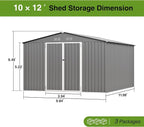 10 x 12FT Sheds & Outdoor Storage, Grey Metal Waterproof Storage Shed with Door and Lock Outdoor Shed,All-Weather Shelter for Bike, Gardening Tools, Lawn Mowers