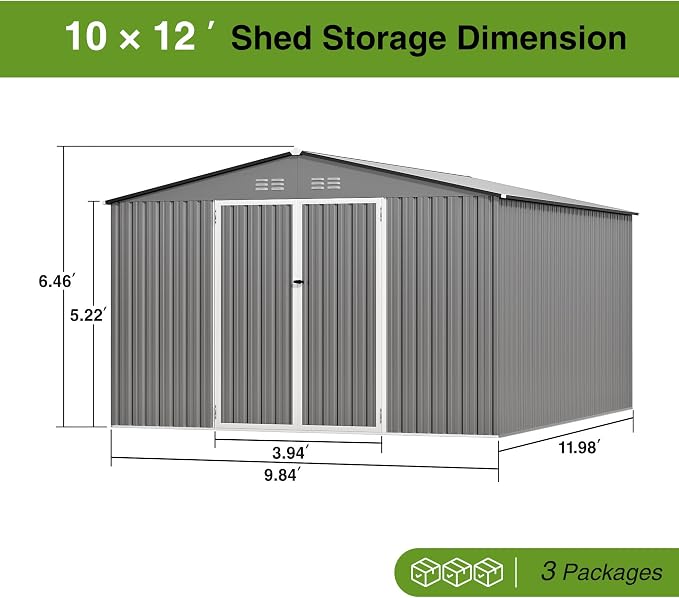 10 x 12FT Sheds & Outdoor Storage, Grey Metal Waterproof Storage Shed with Door and Lock Outdoor Shed,All-Weather Shelter for Bike, Gardening Tools, Lawn Mowers