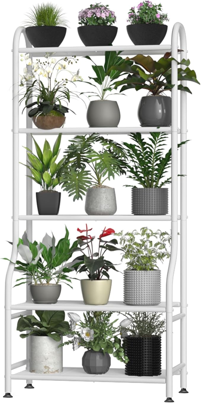 5-Tier Metal Plant Stand - Heavy Duty Indoor Outdoor Flower Shelf for Multiple Pots, 65" Tall Vertical Holder with Adjustable Leveling Feet & Wall-Fixing Kits, White