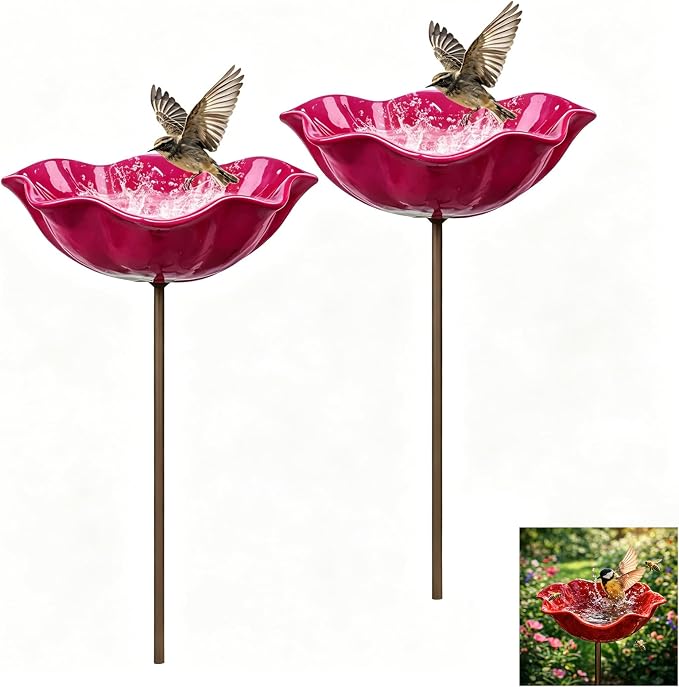 Handmade Metal Flower Garden Stake Bird Bath, Hummingbird Feeder, Bee & Butterfly Puddler, Mini Pollinator Watering Station for Garden Patio Lawn Yard Decor, Rose red, 2PCS