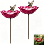 Handmade Metal Flower Garden Stake Bird Bath, Hummingbird Feeder, Bee & Butterfly Puddler, Mini Pollinator Watering Station for Garden Patio Lawn Yard Decor, Rose red, 2PCS