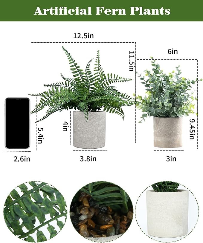 Coferset Fake Fern Small Fake Plant Fern Artificial Plants in Pot Realistic Faux Ferns Indoor for Bathroom Shelf Desk Home Office Kitchen Farmhouse Decor(Gray Pot)