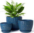 STHIE 4/5/6 Inches Ceramic Plant Pots with Drainage Holes and Saucers, Round Flower Pots for Indoor Plant, Modern Flower Planters Set of 3 (Blue with Dot-Big Size)