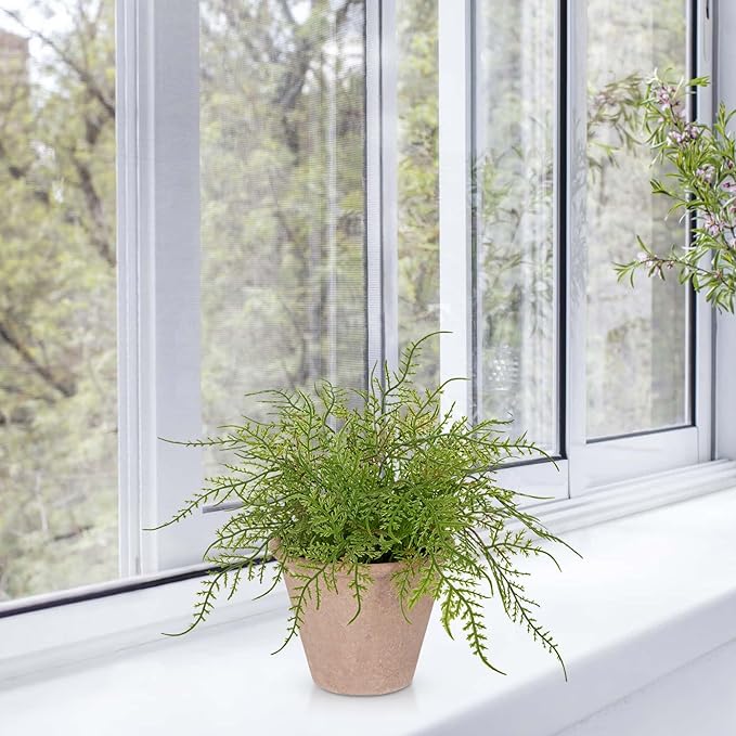 Artificial Fern Potted Plant, 9" Small Fake Plants in Pot, Faux Lace Fern Plant Greenery for Home Office Farmhouse Living Room Bathroom Kitchen Tabletop Desk Shelf Decoration