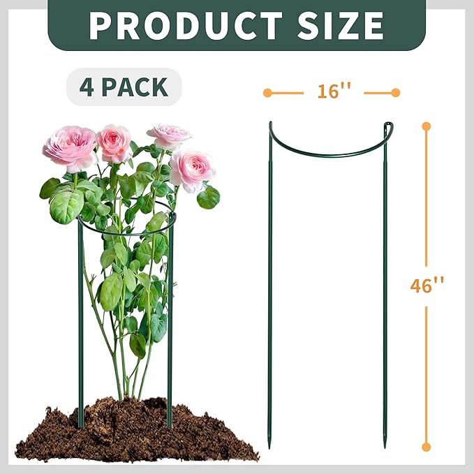 TCBWFY 4-Pack Plant Supports,16" Wx46 H Half Round Plant Support Stakes,6mm Thick Heavy-Duty Metal Peony Cage,Tall Garden Plant Support for Peony,Tomato,Hydrangea,Rose,Outdoor Flower Plant Stakes