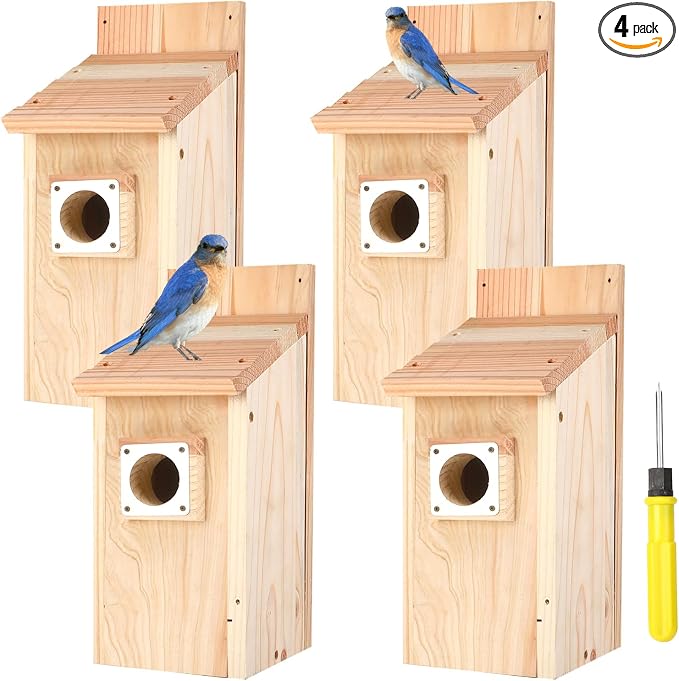 4-Pack Bird Houses for Outside with Metal Predator Guard, Birdhouses for Outdoors for Bluebird, Wren, Swallow, Finch - Natural Wood