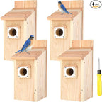 4-Pack Bird Houses for Outside with Metal Predator Guard, Birdhouses for Outdoors for Bluebird, Wren, Swallow, Finch - Natural Wood