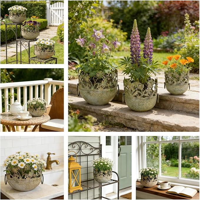 3 Piece Vintage Metal Planter Set, Rustic Distressed Farmhouse Flower Pots with Handles for Indoor Outdoor Garden, Tabletop Centerpieces & Wedding Decor