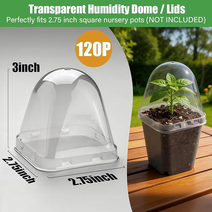 120 Pack Clear Humidity Domes, Transparent Seedling Domes Compatible with 2.7 Inch Square Nursery Pots for Seedlings