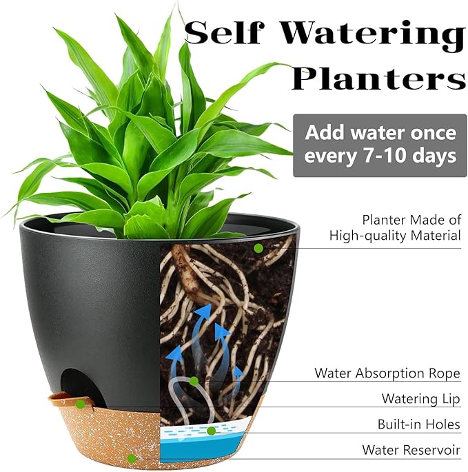 6-Pack Plant Pots with Drainage 6 Inch, Self Watering Pots for Indoor Plants, Planters for Indoor Outdoor Plants, Plastic Flower Pot, Planter for Indoor Outdoor (Black)