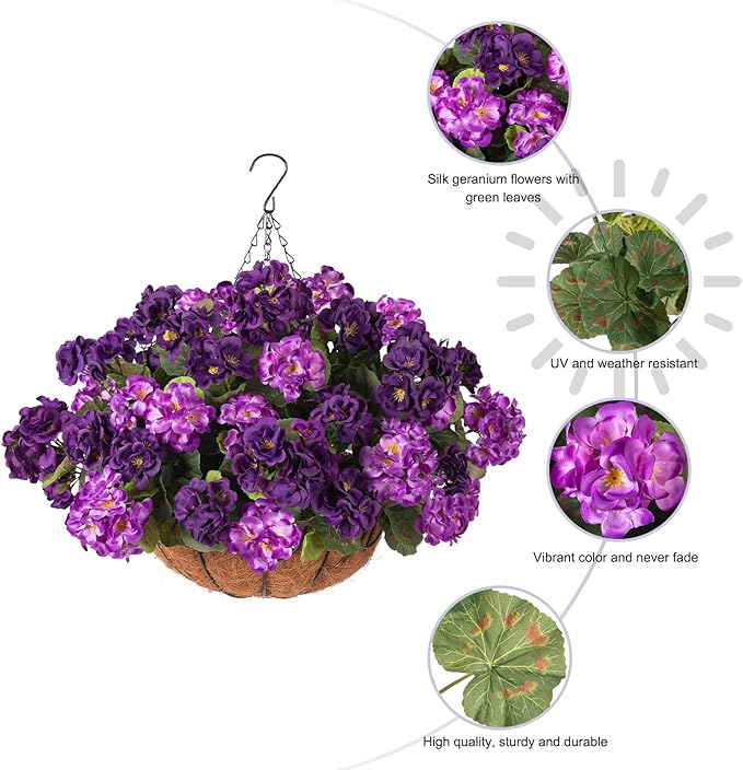 INSPRING Geraniums Artificial Flowers Hanging Basket for Outdoors Outside Spring Decoration, 8 Bundles Silk Flowers Fake Plants Look Real UV Resistant for Porch Home Patio Balcony Yard, Double Purple