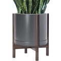 D'vine Dev Ceramic Planter with Walnut Color Stand - 14 Inch Modern Round Flower Pot with Wood Planter Holder, Grey, 55-B-T-3