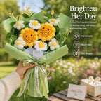 Crochet Flower Bouquet Handmade Knitted Sunflower Artificial Bouquet Positive Crocheted Sunflowers Bouquet with Exquisite Wrap for Valentine Mother's Day Graduation Anniversary (Green)