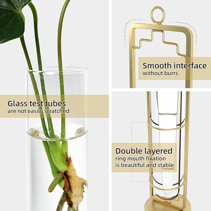 MIPON Metal Hanging Plant Propagation Station,3 Size Glass Test Tube Hydroponic Planter,Boho Wall Hanging Plant Cuttings Holder,Indoor Water Plant Terrarium Tubes for Home Office Window Decor-Gold