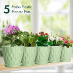 Meowell 4 inch Small Plastic Nursery Pots, 5 Pack Water Ripples Plant Pots for Indoor Plants, Flower Pots with Drainage Holes and Saucers, Seeding Starter Planters for Decorative, Green