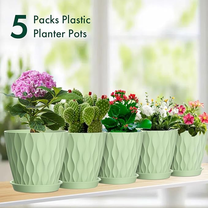 Meowell 4 inch Small Plastic Nursery Pots, 5 Pack Water Ripples Plant Pots for Indoor Plants, Flower Pots with Drainage Holes and Saucers, Seeding Starter Planters for Decorative, Green