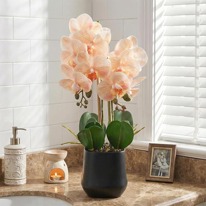 Orchids Artificial Plant in Ceramic Pot 18.5" Faux Orchid Phalaenopsis Flowers Arrangement for Home Office Table Centerpiece Indoor Decor, Champagne