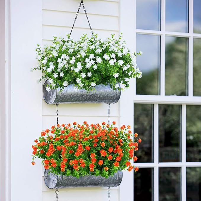 12 Bundles Outdoor Artificial Flowers UV Resistant Fake Boxwood Plants, Faux Greenery for Indoor Outside Hanging Plants Garden Porch Window Box Home Wedding Farmhouse Décor (White)