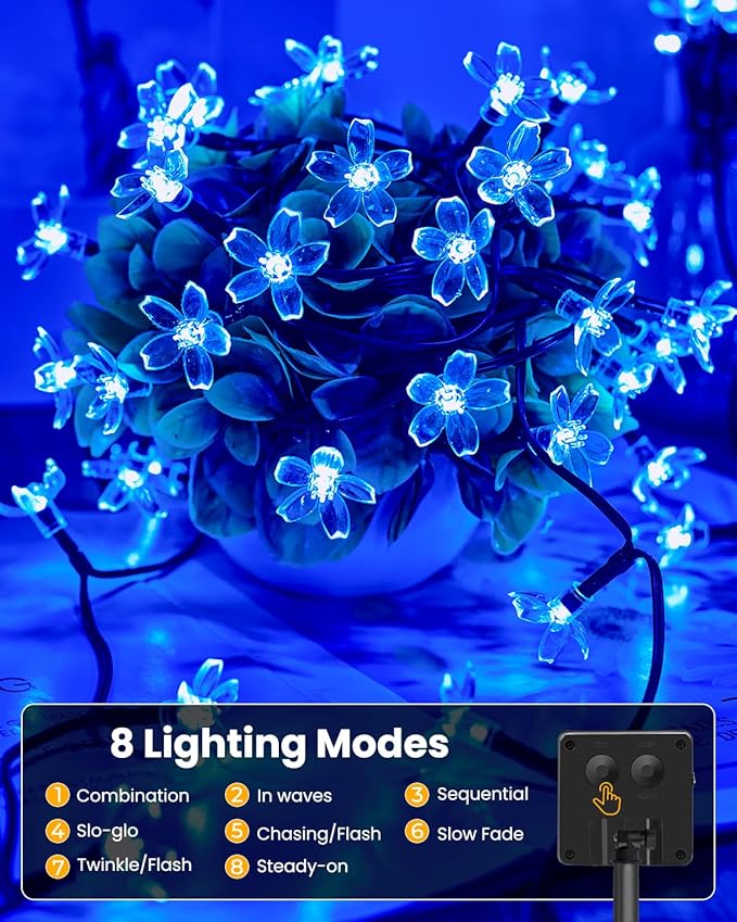 Brightown 2 Pack Total 52FT 120 LED Solar Flower String Lights for Outside Waterproof Fairy Lights for Garden Yard Fence Patio Christmas Tree Wedding Party Decor, Blue