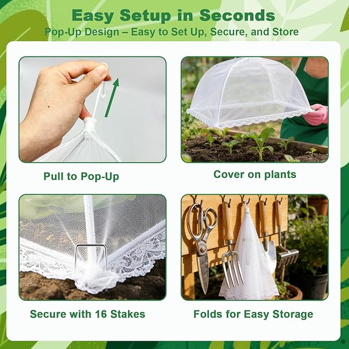 4 Packs Mesh Plant Cover with 16 Ground Stakes, Pop-up Mesh Plant Cover for Outdoor, Reusable Mesh Plant Protector for Vegetables Seedlings and Herbs, Strawberry Plant Protector(17 x 17 Inch)