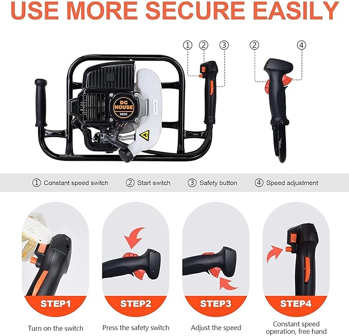 DC HOUSE 52cc 1800W Gas Powered Earth Auger EPA Certified Post Hole Digger, with 2 Drill Bits 6" 10", Mixing Ratio 30:1, for Fence, Farmland and Garden