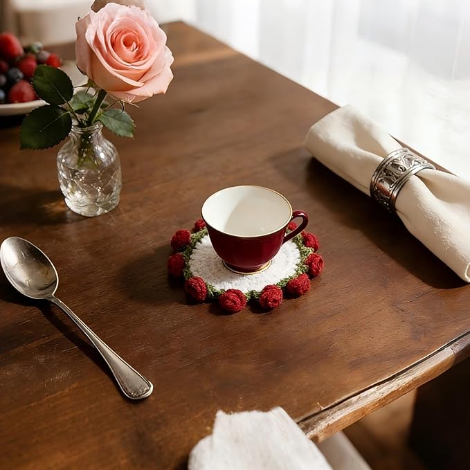 Handmade Crochet Red Rose Coaster, Realistic Mini Flower Pot Holder, Washable Cotton Yarn Table Decoration, Multi-Purpose Mat for Cup & Mug, 2 x 2 x 3.5 inches