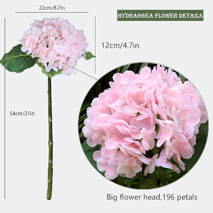 Buart 4PCS Long Stem Big Size Flowers Artificial Silk Hydrangea Lifelike Flowers Real Touch Pink Artificial Flowers Wedding Shower Bride Bouquets Office Living Room Table Decorations (21 Inch)
