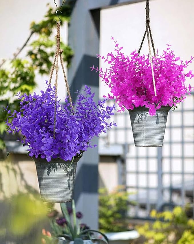 RECUTMS Artificial Plants Outdoor Artificial Ferns for Outdoors Purple Plants Outside Plastic Flowers for Outdoor Artificial Boxwood Greenery Fake Plants for Window Box(Pure Purple Eucalyptus)
