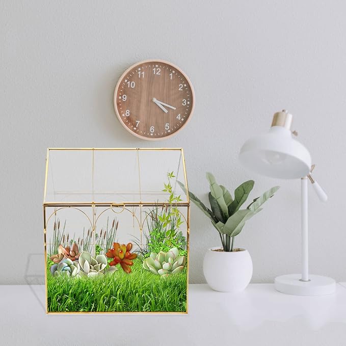 HighFree Geometric Plant Terrarium with Lid, House Succulent Terrarium Kit for Display, Air Plants, Succulents, Home Tabletop Miniature Terrarium, Not Airtight or Waterproof (Gold)