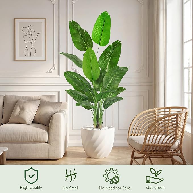 Birds of Paradise Plant Artificial, 6.6FT Fake Plant Faux Banana Leaf Tree with 15 Banana Leaves, Lifelike Tall Fake Tropical Palm Indoor Silk Floor Plant in Black Pot for House,Office,Room,Home Decor