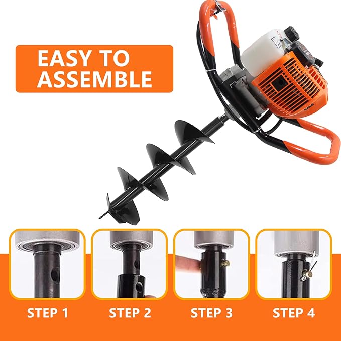 62CC Auger Post Hole Digger, 2 Stroke Gas Powered Earth Post Hole Digger with 2 Auger Drill Bits(6" & 8") + 1 Extension Rods for Farm Garden Plant, Orange (62CC)