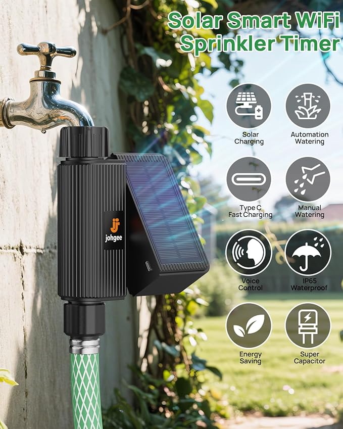 Solar Smart WiFi Sprinkler Timer, WiFi Water Timer for Garden Hose with Rain Delay/Manual/Automatic, Alexa & Smart Life App, Solar Irrigation Sprinkler Controller for Lawns Yard
